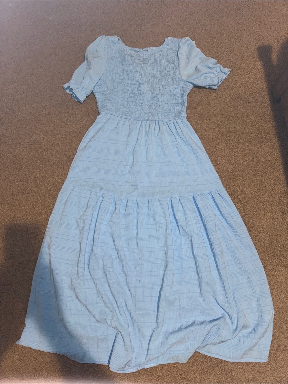 Light Blue Smocked Bodice womens Dress with Puff Sleeves